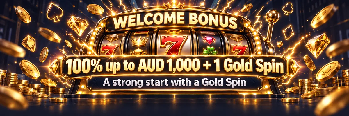 Glossy slot machine cabinet glowing in a dark arcade casino with reels, gems, sparks and a highlighted Gold Spin motif