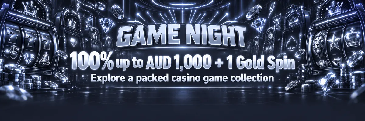 Multiple glossy slot machines and glowing game tiles arranged in a dark arcade casino with gems, lightning bolts and scattered sparks